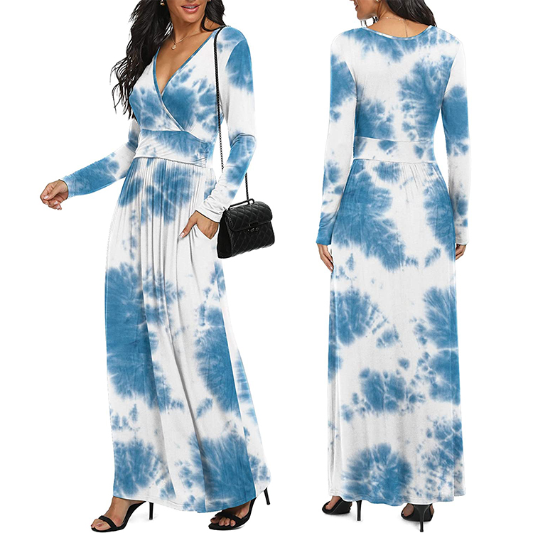 商品Alt模板：Women Long Sleeve Deep V Neck Loose Plain Long Maxi Casual Dress with Pockets - xtest