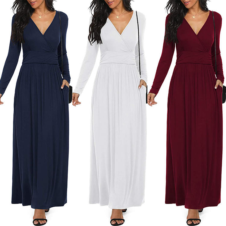 商品Alt模板：Women Long Sleeve Deep V Neck Loose Plain Long Maxi Casual Dress with Pockets - xtest
