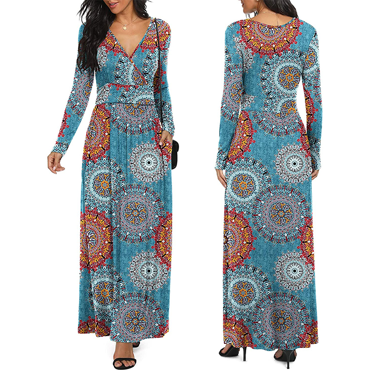 商品Alt模板：Women Long Sleeve Deep V Neck Loose Plain Long Maxi Casual Dress with Pockets - xtest